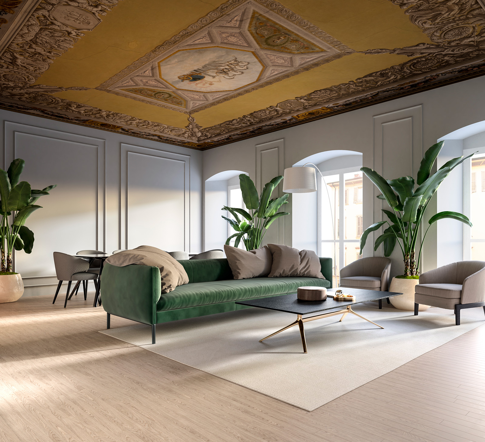 Render interno del Living di Entrata del Progetto Residenziale La Corte del Borgo Render Living Entrate La Corte del Borgo Bergamo